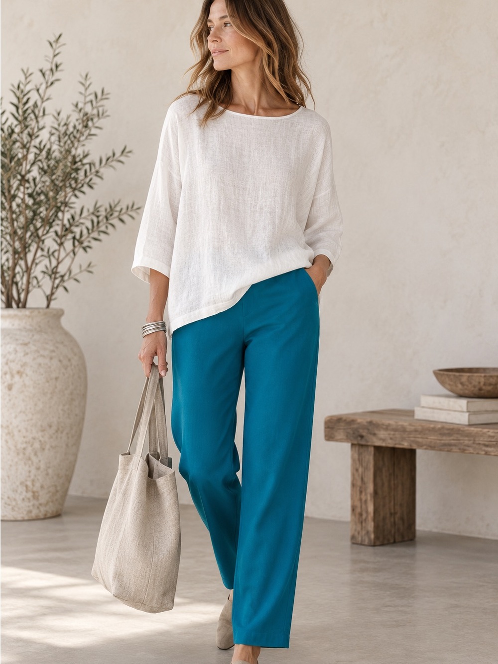 Eileen Fisher Teal Blue Straight-Leg Pants